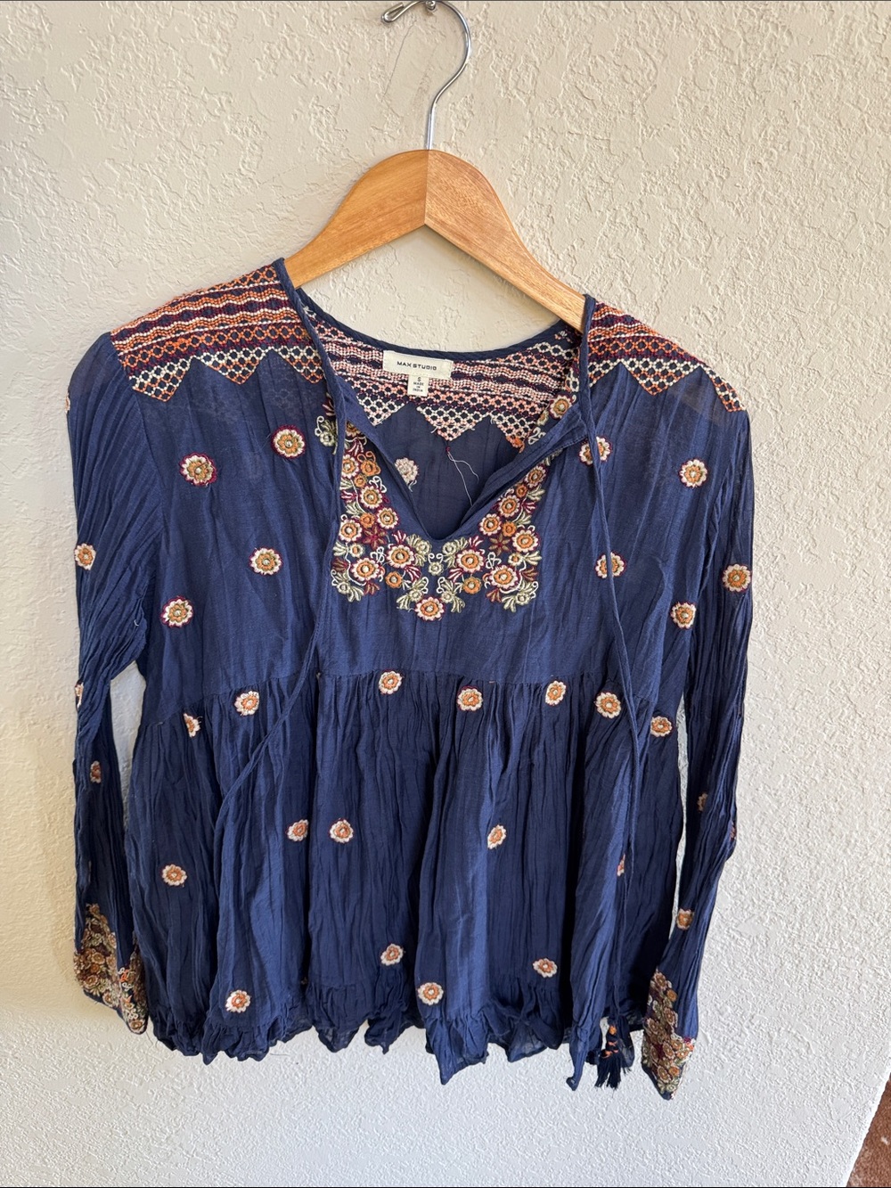 Max Studio Navy Embroidered Boho Tunic Top